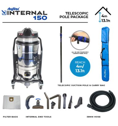 skyVac Industrial 150 vacuum with high access carbon fibre telescopic poles 
